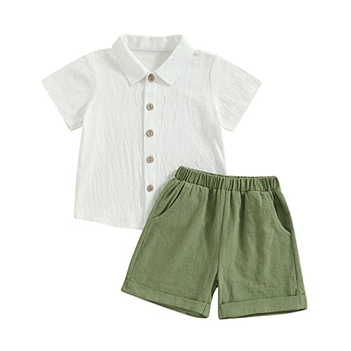 Gueuusu Baby Boy Girl Summer Clothes Toddler Cotton Linen Short Sleeve Button Up Dress Shirt Shorts Set 2PCS Outfit