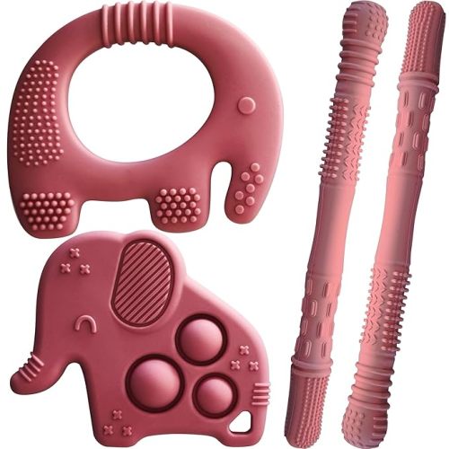Silicone Baby Teething Toys, Soft Teether Set for Sore Gums, BPA Free Chew Toys for Infants 3+ Months, Textured Teething Relief, Easy Grip Design (Rose Pink)