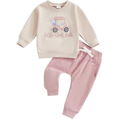 Toddler Baby Boy Girl Fall Winter Clothes 2Pc Long Sleeve Golf Cart Embroidery Sweatshirt Tops and Sweat Pants Set