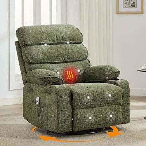 GarveeHome 8-Point Vibration Massage Rocking Recliner Chair, 360° Swivel Linen Glider Chairs,Lumbar Heating,Side Pocket,Two Cup Holders,400LBS,Lazy Boy Recliner Single Sofa for Living Room Bedroom
