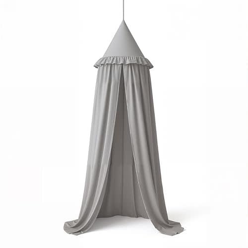 Wonder Space Kids Bed Canopy with Ruffles, Lace Frilled Cotton Tent Net, Pastel Neutral Colors for Boys & Girls, Nursery Room Baby Crib Hanging Curtain Mosquito Net Children Reading Nook Decor (Grey)