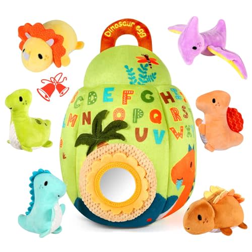 FREYBLI Baby Toys 6-12 Months - Soft Dinosaur Toy with Rattle, Crinkle Paper, Squeaker, Mirror - Baby Sensory Montessori Toys for 6-9-12 Month Old Developmental, 1 Year Old Boy Girl Gifts Toys