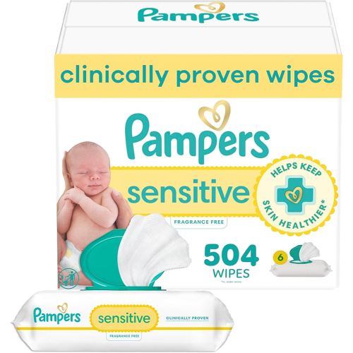 Pampers Baby Wipes Sensitive, Water Based Hypoallergenic and Unscented 504 Total (6 Flip-Top Packs)