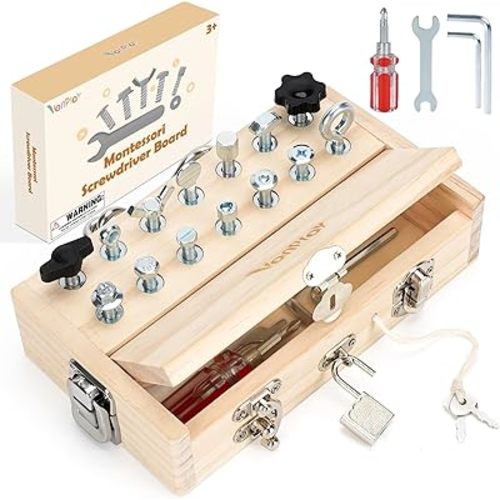 Vanplay Busy Board Toys for 3 4 5 Year Olds Boy Birthday Gifts, Montessori Toys for 3 Year Old, Screwdriver Board Set with Lock and Key - Wooden Kid Tool Set Educational Learning Toys for Kids 3-6