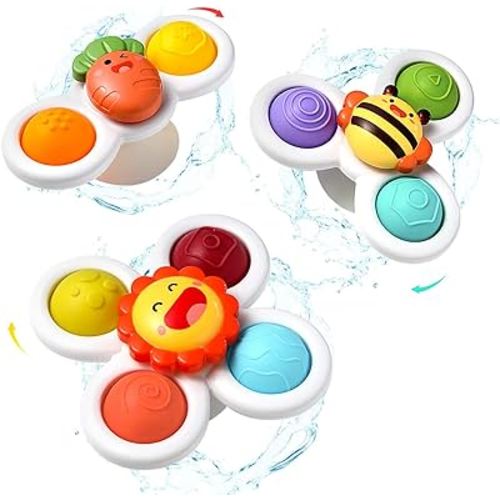 Hooku 3 Pcs Suction Cup Spinner Toys, Baby Fidget Spinner Toy, Spinning Toys for Toddlers 1-3, Sensory Toys Early Education Toys Bathtub Toy Dining Chairs Toys, Birthday Gifts for Baby Boy Girl