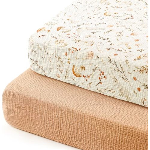 GRSSDER Soft Muslin Crib Sheet 2 Pack, 100% Cotton Crib Sheets for Boys and Girls, Fit Standard Crib Mattresses 52" x 28" Safe and Snug, Bloomshroom/Tan