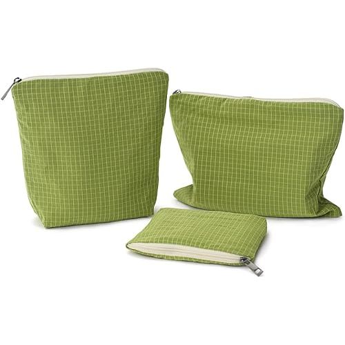 Makeup Bag 3-Piece Set, Green Plaid Water-Repellent Nylon, Original Design Boho Small Cosmetic Organizer For Women Travel, Daily Commute & Gift Packaging