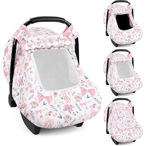 Baby Car Seat Cover Winter, Windproof Carseat Covers for Newborn with 2 Layers Window, Pink Flowers Infant Car Seat Canopy for Girls with Minky Dot Backing, Keeps Babies Warm and Cozy