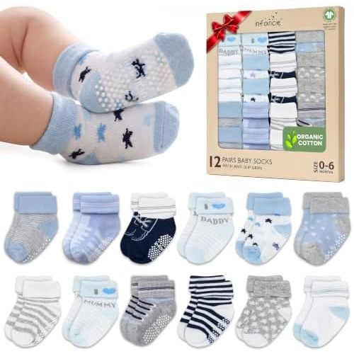 GOTS Organic Cotton Blend 12 Pairs infant sock with Grip 0-6 M Boy Non Slip