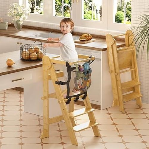 Amazer Foldable Step Stool for Toddlers Bamboo, Foldding Toddler Kitchen Stool Helper with 2 Adjustable Heights, Collapsible Step Stool for Kids with Stowable Safety Net, Ages 18 Months to 6 Years