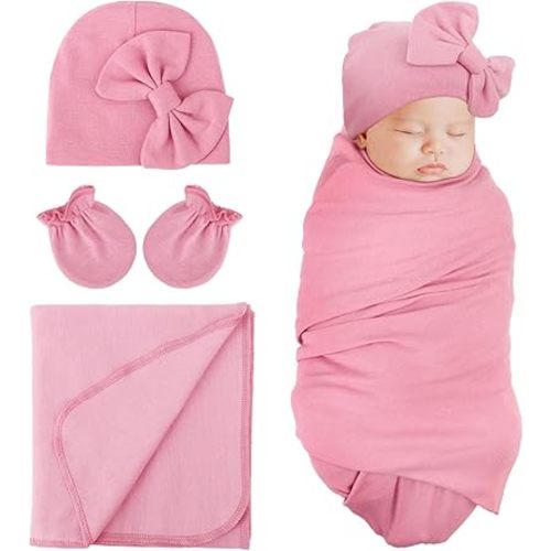 DRESHOW BQUBO Newborn Receiving Blanket Bow Hat Gloves Set Cotton Warm Baby Swaddle Blanket Wrap Baby Sleep Sack Shower Gift