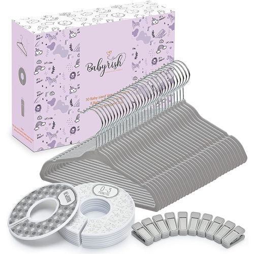 Velvet Baby Hangers with 10x Clips and 8X Dividers (30 Pack) | 11” Ultra-Slim Baby Clothes Hangers | Non-Slip Felt | Space-Saving Nursery & Infant Closet Organizer | Gray