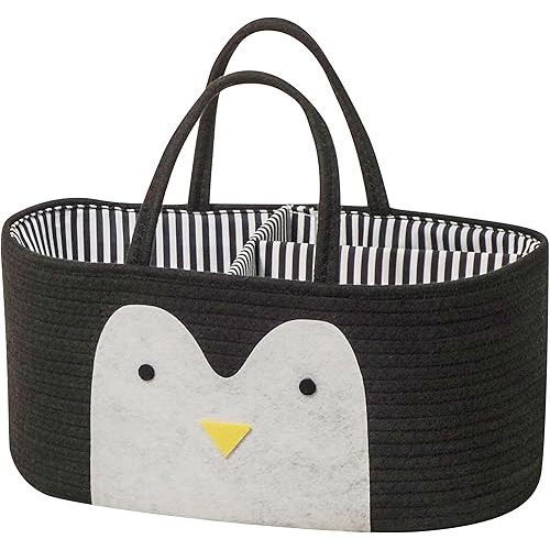 T&T Homewares Diaper Caddy Organizer, Cotton Rope Diaper Caddy Basket, Baby Shower Basket, Nursery Storage Bins, Newborn Caddie- Cat, Fox, Penguin (Black Penguin)