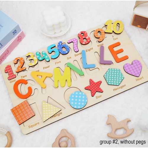 Personalized Wooden Name Puzzle Gift for Boys & Girls, Custom Baby Gifts Name Puzzle with Numbers, Geometry Shapes, Free Back Engraving