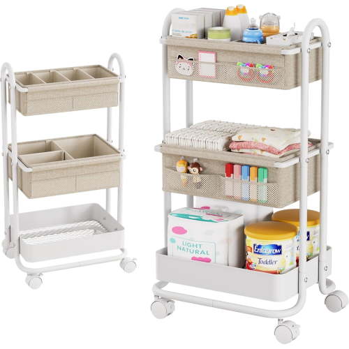 Baby Diaper Caddy Organizer Cart - 3 Tier Rolling Cart, Off White | Lockable Wheels, Baby Essentials Nursery Storage, Detachable Dividers - for Crib, Bedroom, Art & Craft Organizer