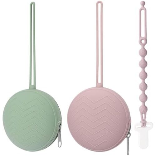 2 Pack Silicone Pacifier Holder Case with Premium Zipper & 1 Pacifier Clip - Leakproof Baby Pacifier Storage Case for Diaper Bags, Strollers, Travel, BPA Free (Sage/Dusty Lilac)