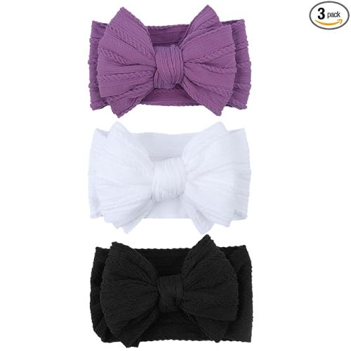 LemonSpace Handmade Nylon BabyGirl Headband Bows for Newborn White Mix3Pcs
