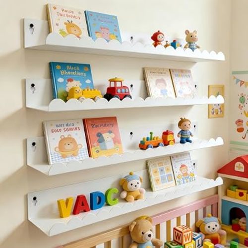 24 Inch Nursery Book Shelves 4 Pack, White Metal Floating Shelves for Wall
