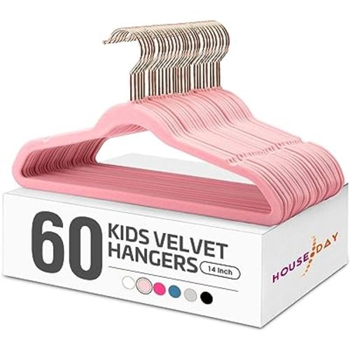 HOUSE DAY Velvet Kids Hangers 60 Pack, Premium Childrens Hangers for Closet, Ultra Thin Cute Clothes Hanger, Non Slip Small Felt Hanger 14 Inch for Kids Clothes, Blush Pink