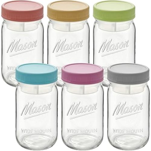32 oz Glass Jars, Wide Mouth Mason Jars with Airtight Lids for Food Storage, Snacks, Meal Prep & Lunch Leakproof (6 Pack - Color)