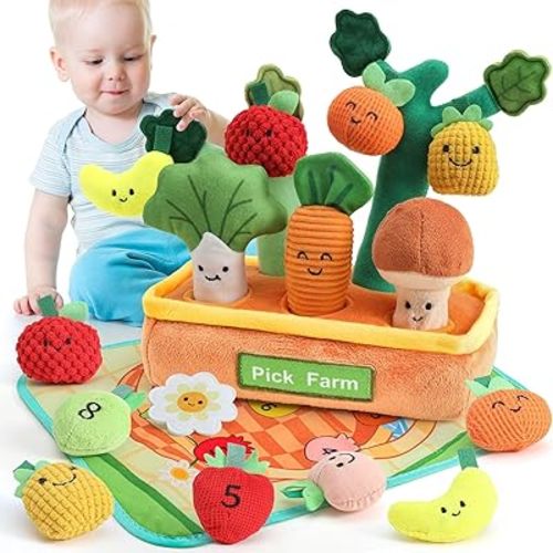 Mini Tudou Baby Toys 6-12 Months - Fruits Vegetables Farm Plant Stuffed Plush - Montessori Sensory Toy Mushroom Carrot Apple with Rattle Rustle Squeak Textures Matching Mat Christmas Baby Gifts