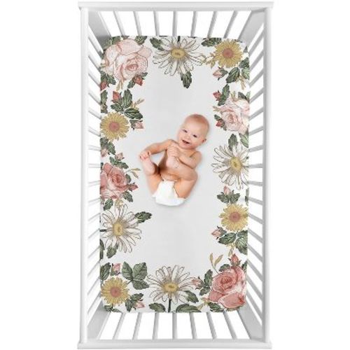 Sweet Jojo Designs Girl Photo Op Fitted Crib Sheet Vintage Floral Pink Green and Yellow