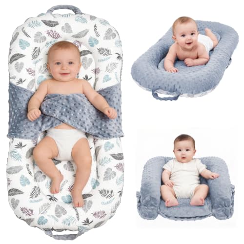 Infant Support Cushion, 3-in-1 Portable Baby Support Cushion for Newborns 0-24 Months, Foldable Sitting Seat with Removable Cover, Dual-Sided 100% Cotton and Velvet, Grey Small Leaves