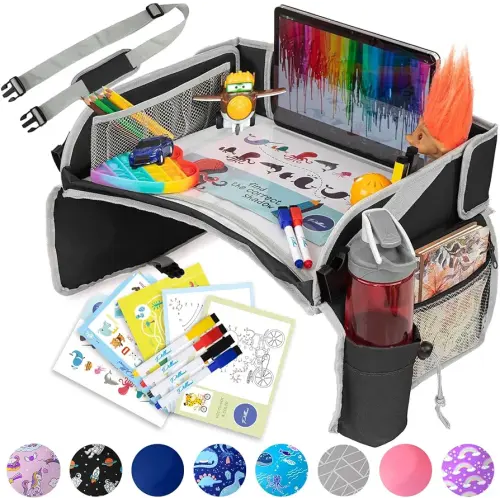PILLANI Kids Travel Tray for Car - Car Seat Tray for Kids Travel, Car Trays for Kids Roadtrip Essentials, Carseat Table Tray for Kids Road Trip Activities - Toddler Lap Desk Organizer for Airplane