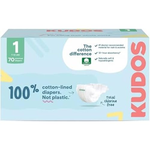 Kudos Chlorine Free Premium Diapers, 100% Cotton-Lined - Ultra Soft, Size 1-70 Count
