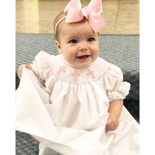 Smocked Cross Dress in White with Pink Crosses -Baptism, Christening, Baby Girl, Heirloom dress, Flower Girl, Bishop Style 128 *G