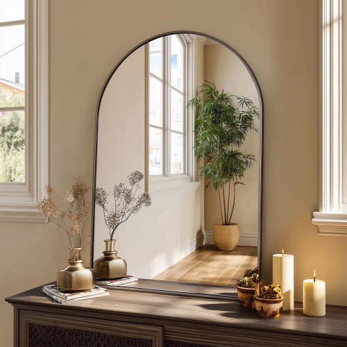 CONCETTA 24"x36" Bathroom Mirror, Decor Arched Wall Mirror, Bedroom Vanity Mirror with Metal Frame, Black