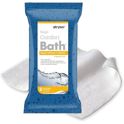 Stryker - Sage Comfort Bath Cleansing Washcloths - 6 Packages, 48 Cloths – Fragrance Free, No-Rinse Bathing Wipes, Ultra-Soft and Heavy Weight Cloth, Hypoallergenic