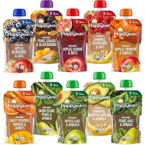 Happy Baby Organics Stage 2 Baby Food Pouches, Gluten Free, Vegan & Healthy Snack, Clearly Crafted Fruit & Veggie Puree, Fruit & Veggie Variety Pack, 4 Ounces (Pack of 10), Amazon Exclusive