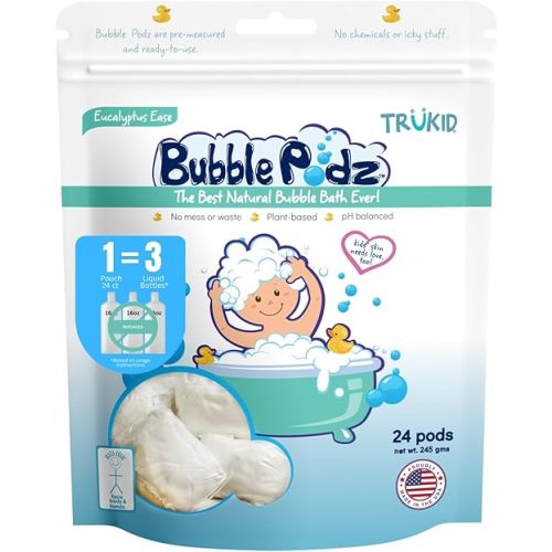 TruKid Bubble Podz Bubble Bath for Baby & Kids, Gentle Refreshing Bath Bomb for Sensitive Skin, pH Balance 7 for Eye Sensitivity, Natural Moisturizers and Ingredients, Eucalyptus (24 Podz)