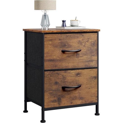 WLIVE Night Stand, Small 2 Drawer Dresser, Nightstand with Fabric Bins for Bedroom, Closet, Dorm, Rustic Brown Wood Grain Print, 11.8" D x 15.7" W x 20.9" H