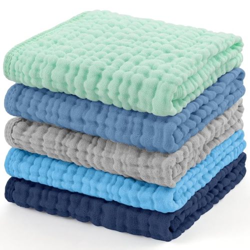 Yoofoss Muslin Burp Cloths for Baby 5 Pack 100% Organic Cotton Baby Washcloths for Boys Girls Large 20''X10'' Super Soft and Absorbent Apricot,Ocean Breeze