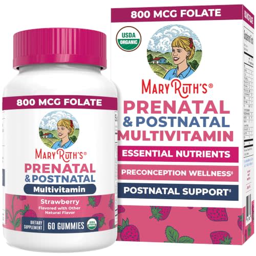 MARYRUTH'S USDA Organic Prenatal & Postnatal Multivitamin Gummies, 60 ct | Prenatal Vitamins for Women, Pregnancy & Postnatal Support, With Essential Nutrients + Folate, Vegan, Gluten Free, Strawberry