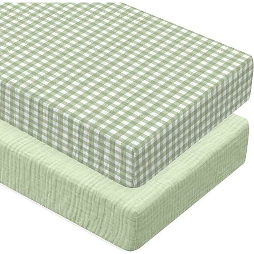 2 Pcs Muslin Green and Green Gingham Crib Sheets