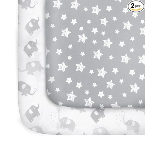 Pack and Play Sheets, 2 Pack Mini Crib Sheets, Stretchy Playard Fitted Sheet, Compatible with Graco Pack n Play, Soft and Breathable Material, Stars & Elephant