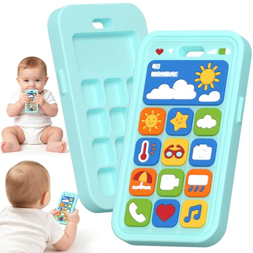 Baby Teething Toys Silicone Baby Phone Teether Over 3 Months | Sensory Chew Toys Baby Teether for Teething Relief - BPA Free Infant Toys Baby Shower Gifts (1, Blue)