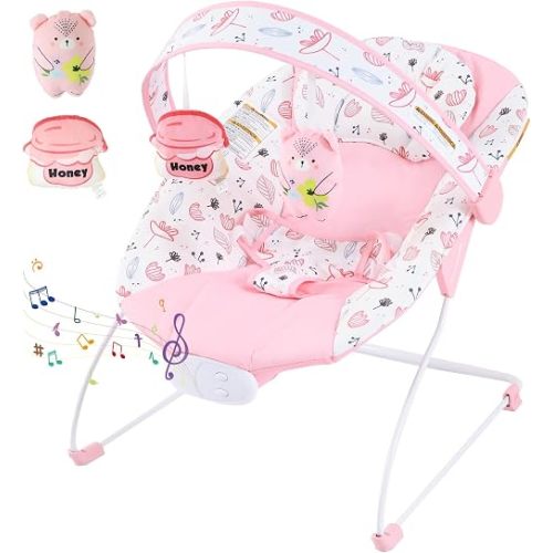 Portable Baby Bouncer Seat with 8 Melodies, 3 Vibration Levels & Adjustable Volume, Foldable Infant Bouncer Rocker with Safety Harness for Baby 0-6 Months, Indoor & Outdoor Use BR2402