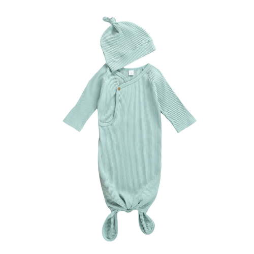 Inevnen Newborn Baby Boy Girl Clothes Ribbed Swaddle Wrap Knot Sleepwear Sleeping Bags Hat Pajamas