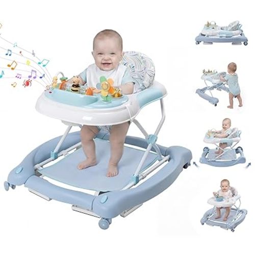 5 in 1 Baby Walker, Music and Lights Foldable Baby Walker with Wheels, 3 Adjustable Heights, with Bouncer Combo, Rocker, Activity Walker for Baby Boy and Girl 6-18 Months (Green)