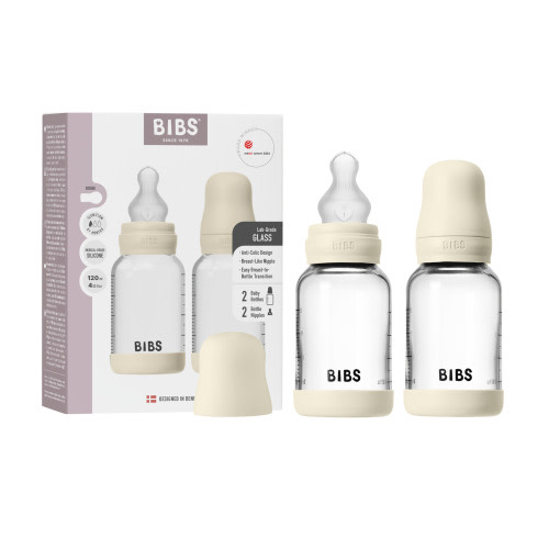 Bibs Glass Bottle Complete Set 120ml Silicone - Ivory, 2 pack