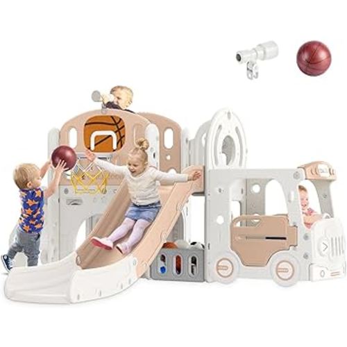 10 in 1 Toddler Slide, Baby Slide for Toddlers Age 1+ with Ring Toss, Basketball Hoop and Bus Play House, Indoor Outdoor Slide Toddler Playset Toddler Playground Beige Gray