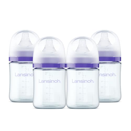 Lansinoh Anti-Colic Glass Baby Bottles, Purple Collar, 5 Ounces, 4 Count | Slow Flow Nipples (S), 1-3 Months, Borosilicate Glass, Lansinoh Bottles with NaturalWave Design, Baby Feeding Essentials