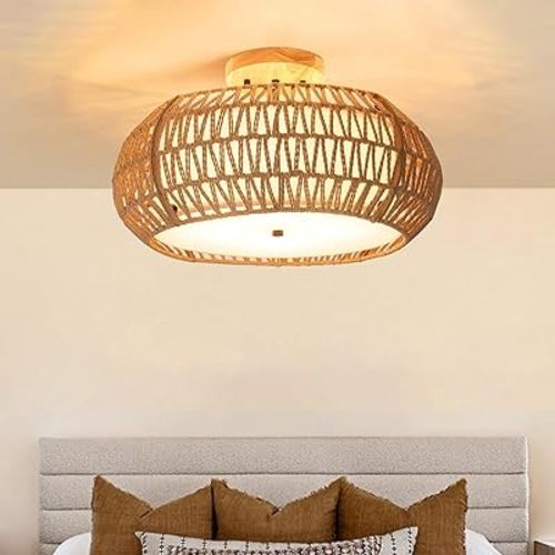 20” Rattan Ceiling Light Fixtures Flush Mount, 4-Light Hand-Woven Rattan Chandelier Bohemian Wicker Light Fixtures, Close to Ceiling Farmhouse Light Fixture for Bedroom Hallway Kitchen Dining Room