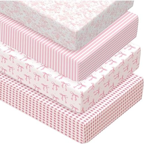 Peryiter 4 Pack Crib Sheets for Baby Girl, Pink Coquette Bow, 52'' x 28"