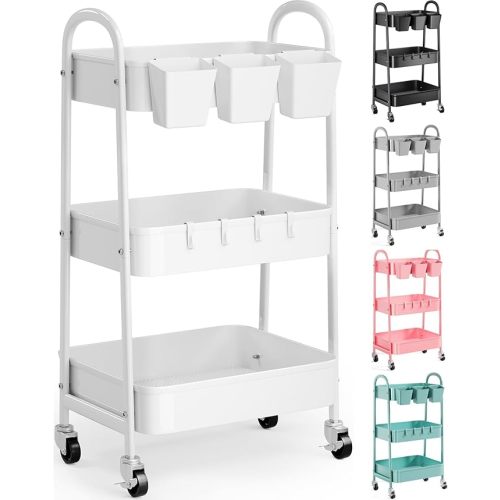 3 Tier Heavy Duty White Metal Rolling Cart with Wheels, Three Tiered Roller Snack Cart on Wheels, Utility Storage Rolly Carts Organizer for Baby Nursery, Diaper Caddy, Craft, Art,Cleaning,Bedside,Dorm
