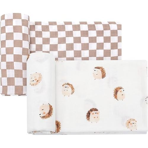 LifeTree Baby Swaddle Blankets, Boys Girls Muslin Swaddling Wrap Receiving Blanket for Newborn, 70% Viscose from Bamboo and 30% Cotton, Large 47" x 47", Hedgehog and Checkered
